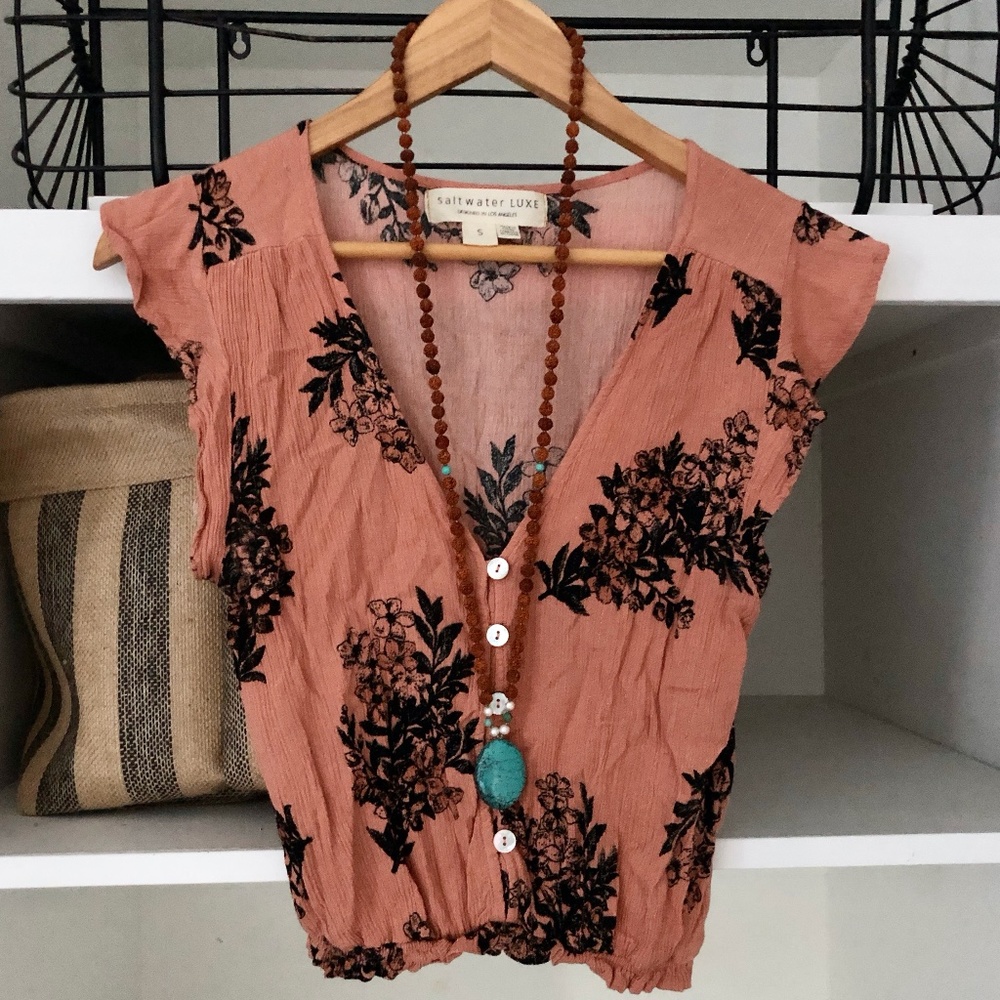 Saltwater Luxe Crop Blouse Gold Shimmer Thread Cap Flutter Sleeves SM